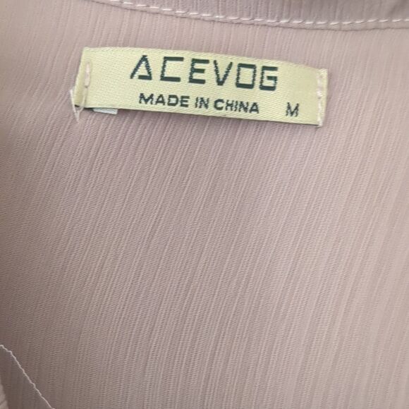 ACEVOG  Textured Chiffon Crepe Blouse MED Bow Long Sleeve Dusty Rose - Picture 4 of 12